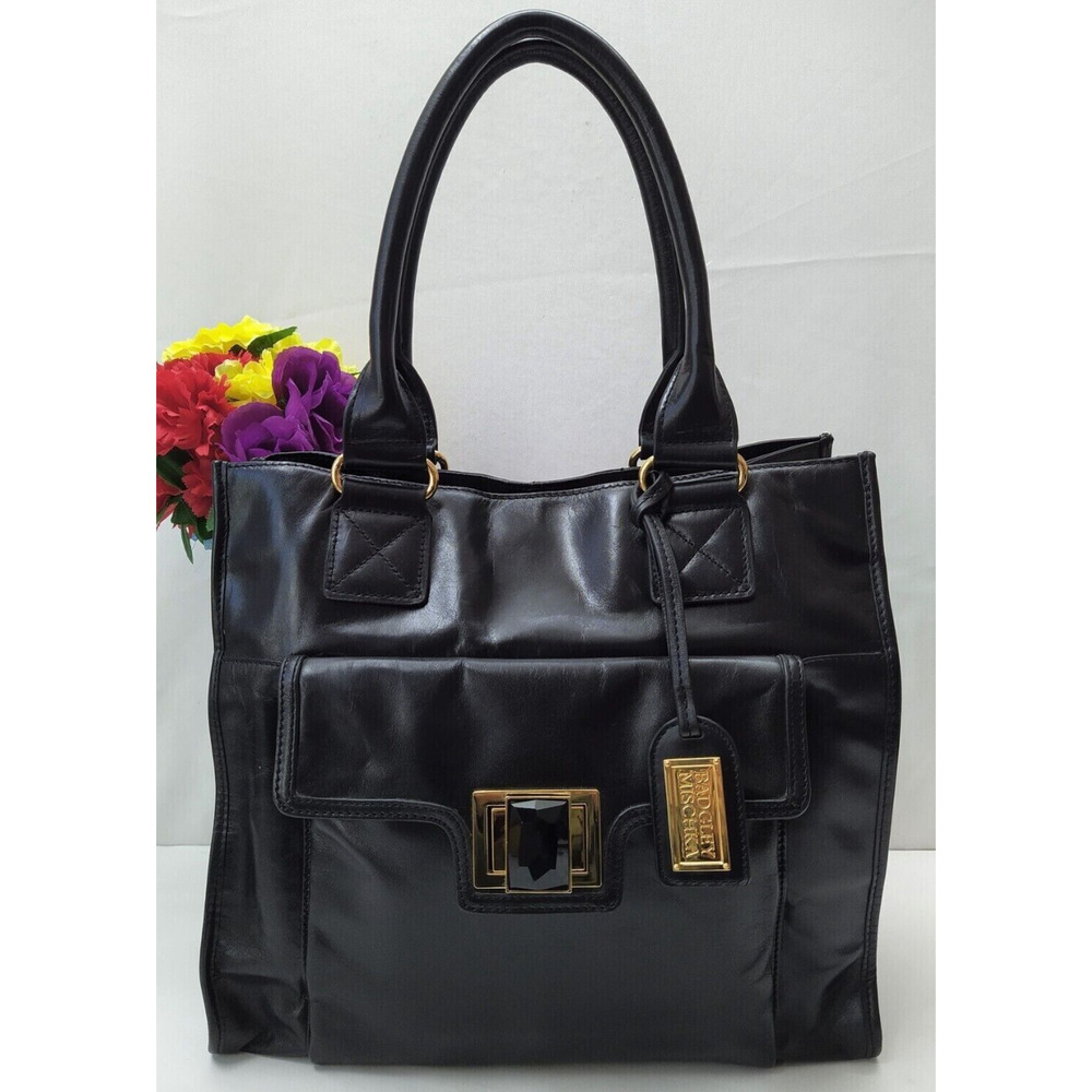 Badgley Mischka Petra Black Leather Crystal Turnlock Pocket Double Tote Bag